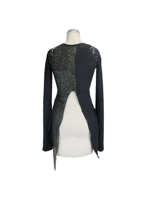 Broken Holes Chest Spider Chain Shoulder Hollow Lace-Up Asymmetrically Hem Black Punk T-Shirt