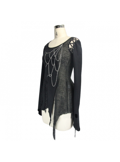 Broken Holes Chest Spider Chain Shoulder Hollow Lace-Up Asymmetrically Hem Black Punk T-Shirt