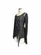 Broken Holes Chest Spider Chain Shoulder Hollow Lace-Up Asymmetrically Hem Black Punk T-Shirt