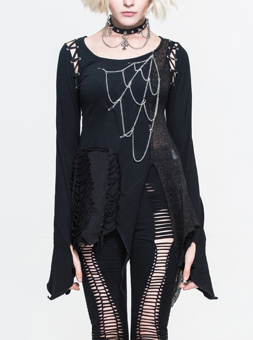 Broken Holes Chest Spider Chain Shoulder Hollow Lace-Up Asymmetrically Hem Black Punk T-Shirt