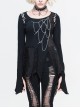 Broken Holes Chest Spider Chain Shoulder Hollow Lace-Up Asymmetrically Hem Black Punk T-Shirt