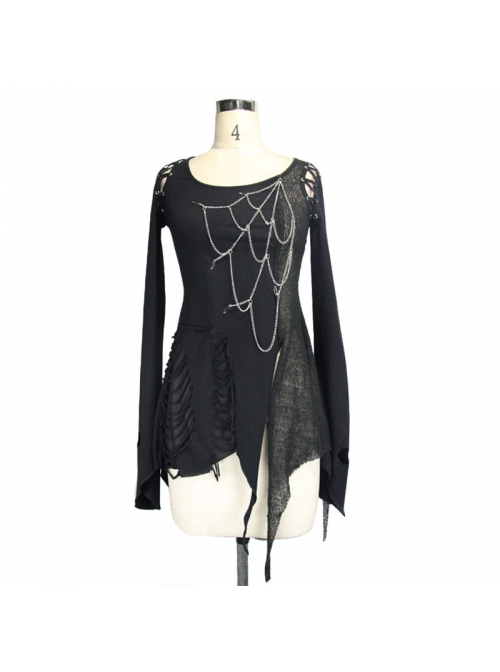 Broken Holes Chest Spider Chain Shoulder Hollow Lace-Up Asymmetrically Hem Black Punk T-Shirt