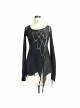 Broken Holes Chest Spider Chain Shoulder Hollow Lace-Up Asymmetrically Hem Black Punk T-Shirt