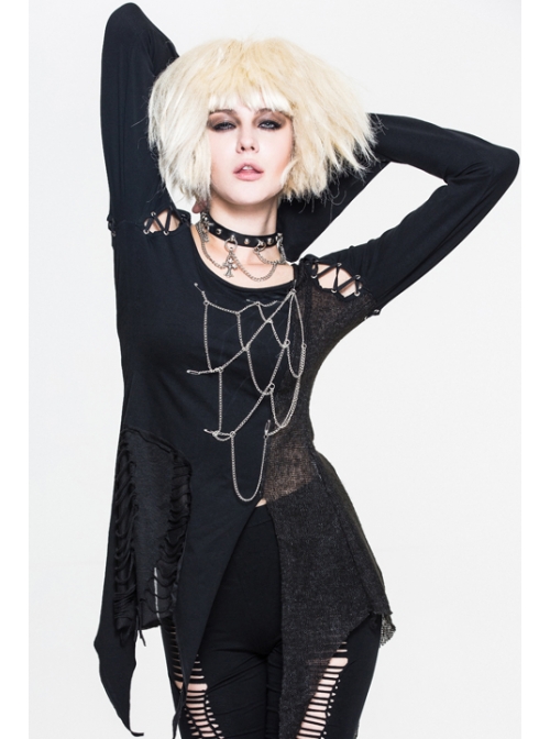 Broken Holes Chest Spider Chain Shoulder Hollow Lace-Up Asymmetrically Hem Black Punk T-Shirt