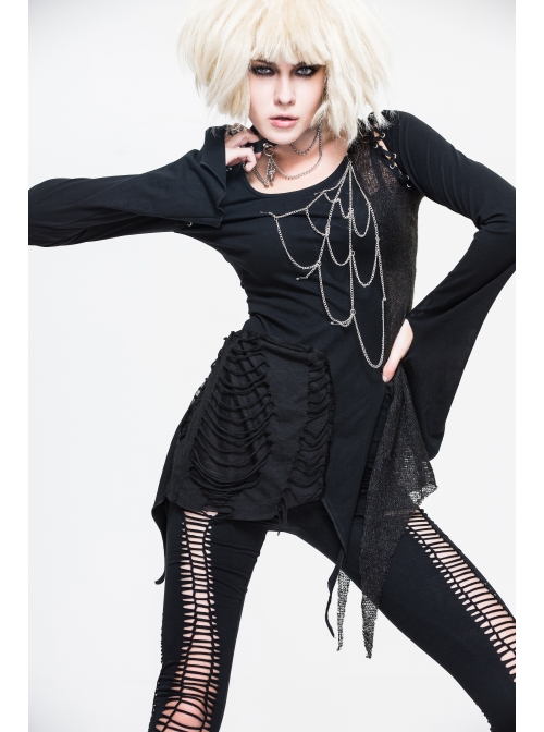Broken Holes Chest Spider Chain Shoulder Hollow Lace-Up Asymmetrically Hem Black Punk T-Shirt