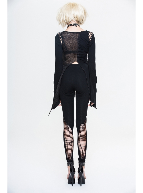 Broken Holes Chest Spider Chain Shoulder Hollow Lace-Up Asymmetrically Hem Black Punk T-Shirt