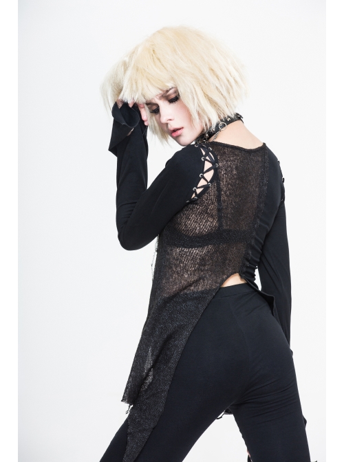 Broken Holes Chest Spider Chain Shoulder Hollow Lace-Up Asymmetrically Hem Black Punk T-Shirt