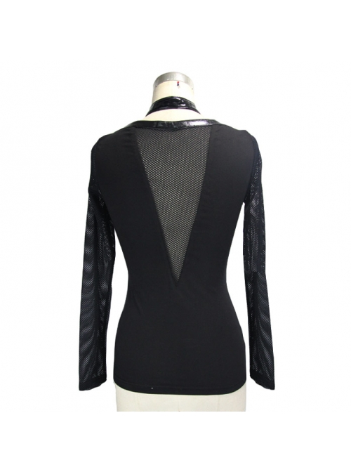 Ribbed Stitched Leather Loop Collar V-Shaped Mesh Spliced Back Black Punk T-Shirt