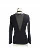 Ribbed Stitched Leather Loop Collar V-Shaped Mesh Spliced Back Black Punk T-Shirt