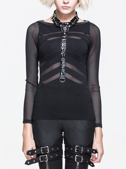 Ribbed Stitched Leather Loop Collar V-Shaped Mesh Spliced Back Black Punk T-Shirt