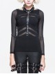 Ribbed Stitched Leather Loop Collar V-Shaped Mesh Spliced Back Black Punk T-Shirt