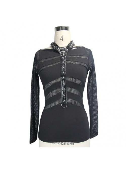 Ribbed Stitched Leather Loop Collar V-Shaped Mesh Spliced Back Black Punk T-Shirt