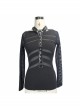 Ribbed Stitched Leather Loop Collar V-Shaped Mesh Spliced Back Black Punk T-Shirt