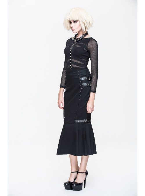 Ribbed Stitched Leather Loop Collar V-Shaped Mesh Spliced Back Black Punk T-Shirt