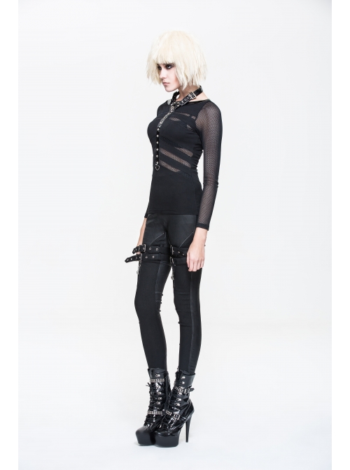 Ribbed Stitched Leather Loop Collar V-Shaped Mesh Spliced Back Black Punk T-Shirt
