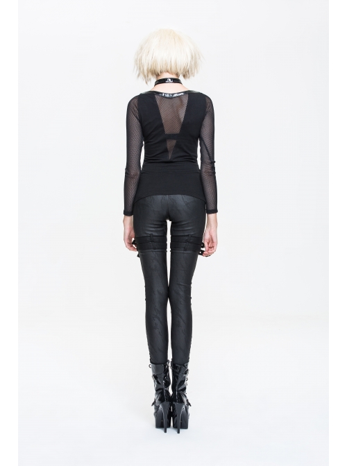 Ribbed Stitched Leather Loop Collar V-Shaped Mesh Spliced Back Black Punk T-Shirt