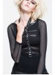 Ribbed Stitched Leather Loop Collar V-Shaped Mesh Spliced Back Black Punk T-Shirt