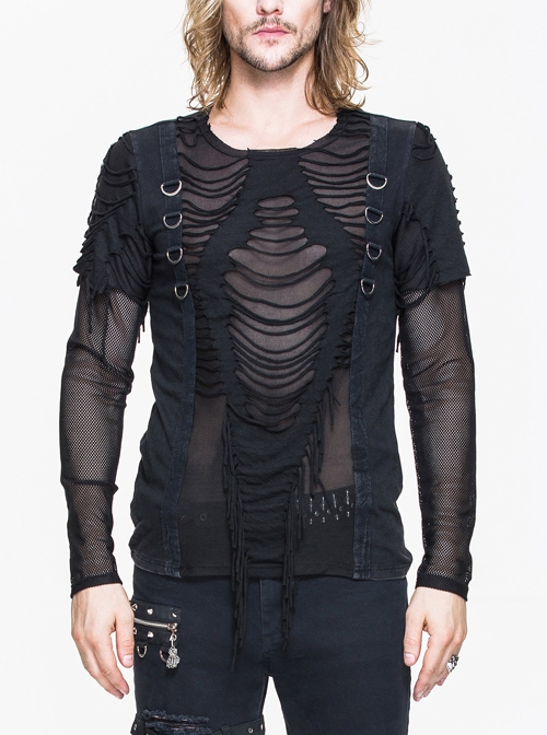 Tattered Knitted Diamond Mesh Chest Ribbon D-Buckle Black Punk T-Shirt