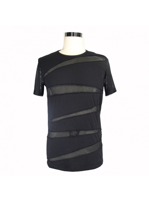 Partition Diamond Rough Selvedge Knit Splice Mesh Black Short Sleeve Punk T-Shirt