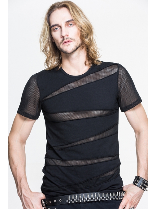 Partition Diamond Rough Selvedge Knit Splice Mesh Black Short Sleeve Punk T-Shirt