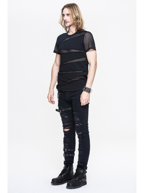 Partition Diamond Rough Selvedge Knit Splice Mesh Black Short Sleeve Punk T-Shirt