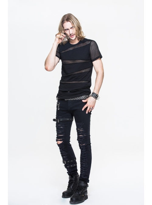 Partition Diamond Rough Selvedge Knit Splice Mesh Black Short Sleeve Punk T-Shirt