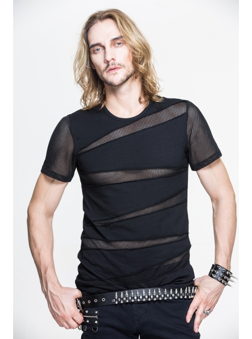 Partition Diamond Rough Selvedge Knit Splice Mesh Black Short Sleeve Punk T-Shirt