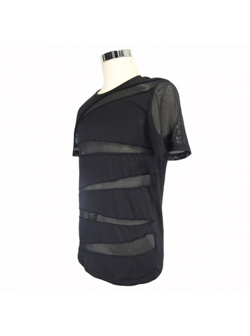 Partition Diamond Rough Selvedge Knit Splice Mesh Black Short Sleeve Punk T-Shirt