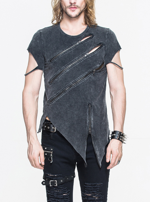Partition Zippered Asymmetrically Hem Gray Punk T-Shirt