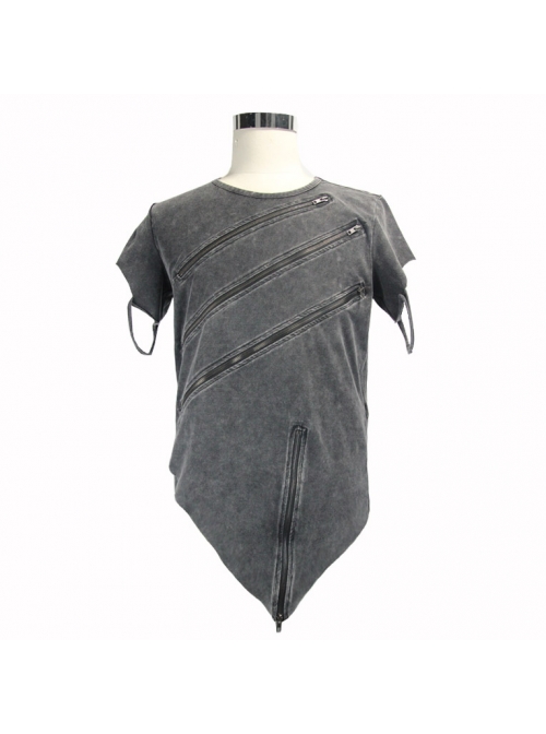 Partition Zippered Asymmetrically Hem Gray Punk T-Shirt