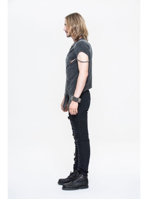 Partition Zippered Asymmetrically Hem Gray Punk T-Shirt