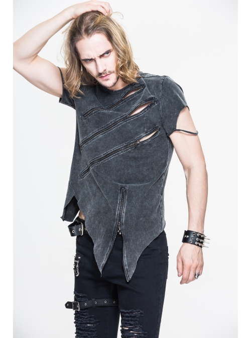 Partition Zippered Asymmetrically Hem Gray Punk T-Shirt
