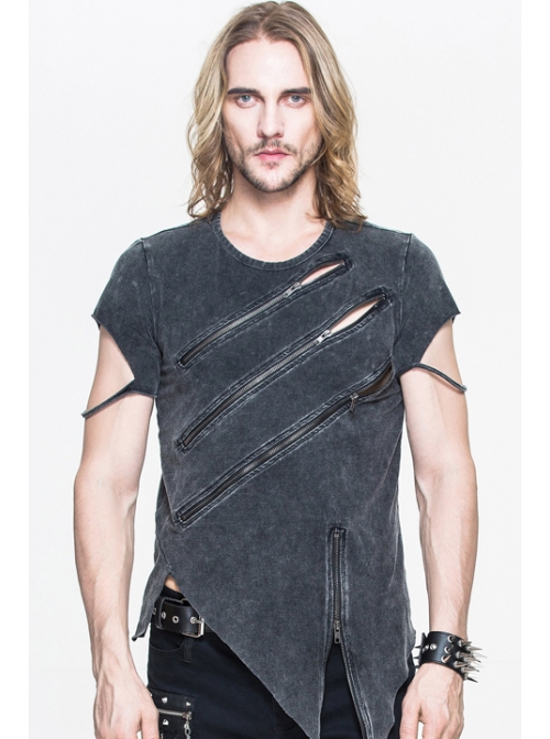 Partition Zippered Asymmetrically Hem Gray Punk T-Shirt