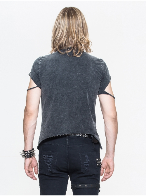 Partition Zippered Asymmetrically Hem Gray Punk T-Shirt