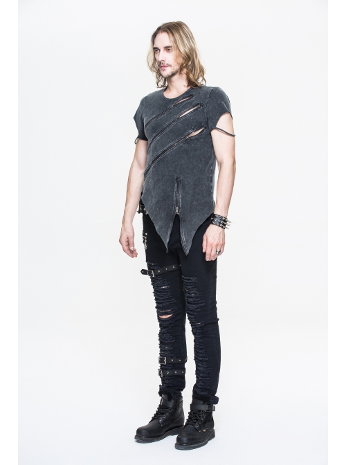 Partition Zippered Asymmetrically Hem Gray Punk T-Shirt