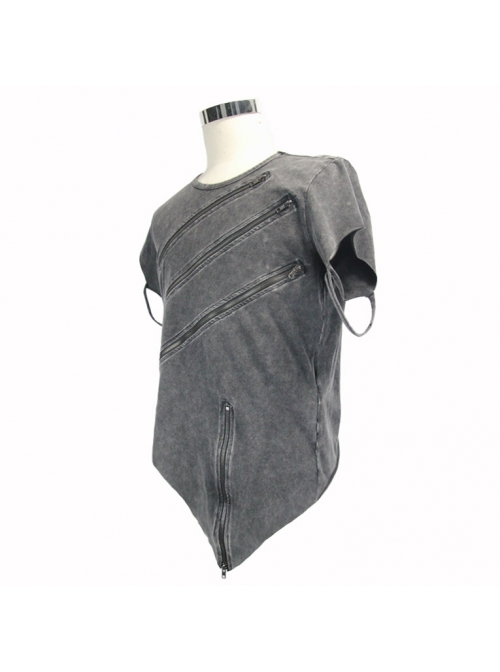 Partition Zippered Asymmetrically Hem Gray Punk T-Shirt