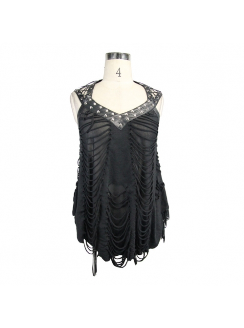 Broken Strips Knitted Rivet Collar Leather Loop Lace-Up Halter Black Punk T-Shirt