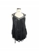 Broken Strips Knitted Rivet Collar Leather Loop Lace-Up Halter Black Punk T-Shirt