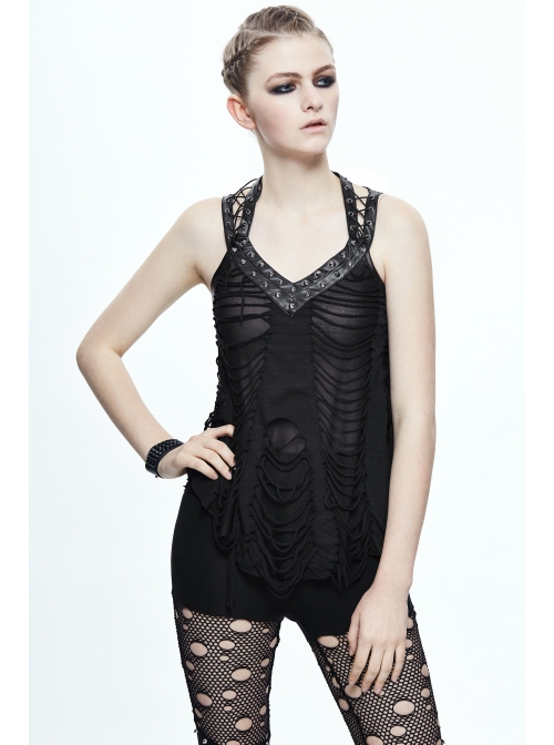 Broken Strips Knitted Rivet Collar Leather Loop Lace-Up Halter Black Punk T-Shirt