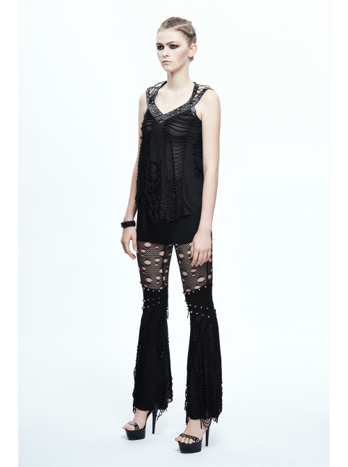 Broken Strips Knitted Rivet Collar Leather Loop Lace-Up Halter Black Punk T-Shirt