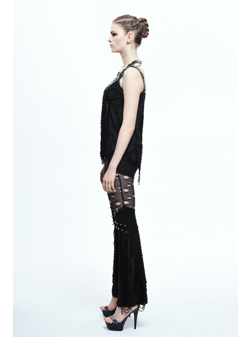 Broken Strips Knitted Rivet Collar Leather Loop Lace-Up Halter Black Punk T-Shirt