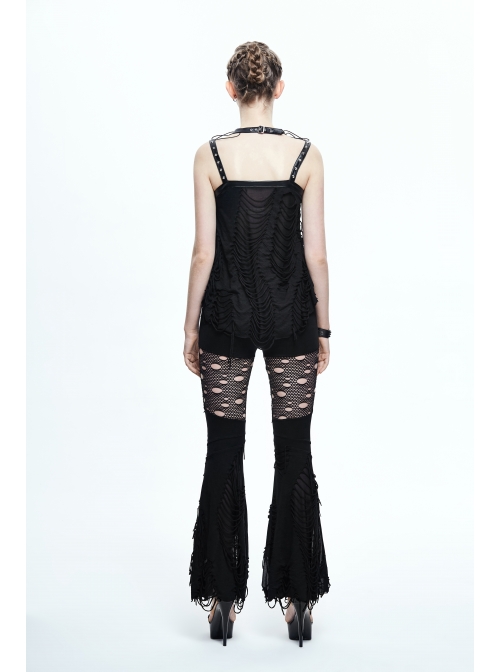 Broken Strips Knitted Rivet Collar Leather Loop Lace-Up Halter Black Punk T-Shirt