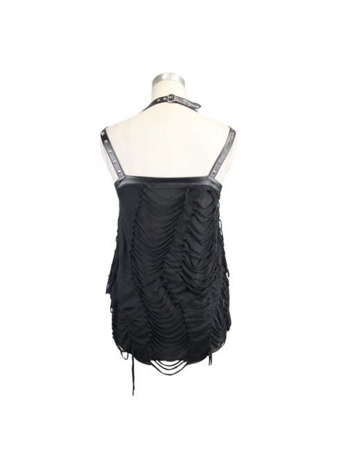 Broken Strips Knitted Rivet Collar Leather Loop Lace-Up Halter Black Punk T-Shirt
