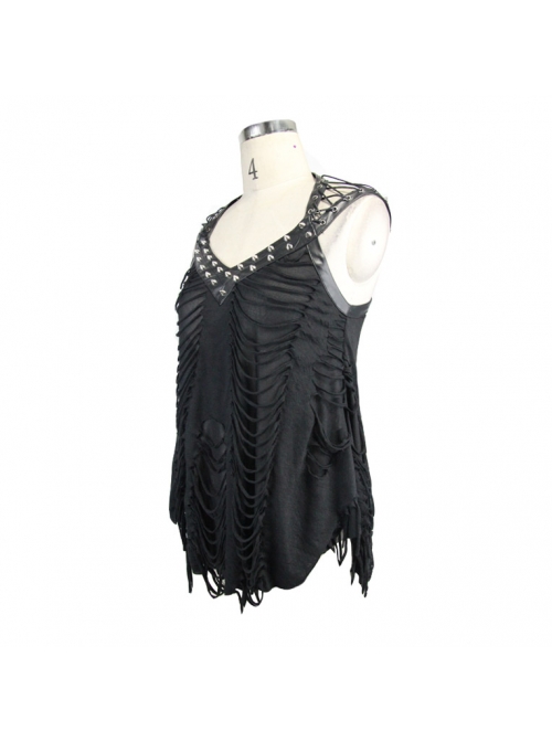 Broken Strips Knitted Rivet Collar Leather Loop Lace-Up Halter Black Punk T-Shirt