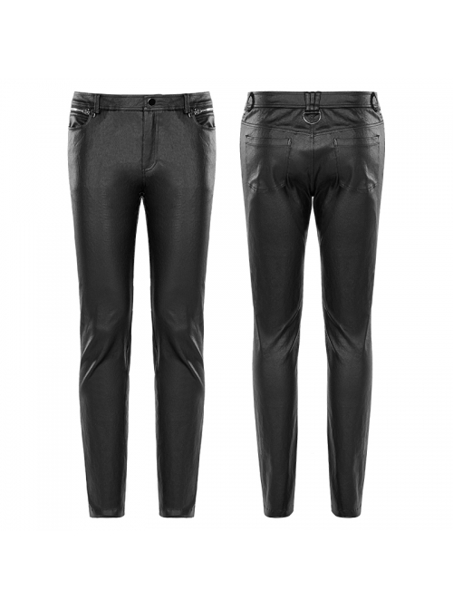 Steam Punk Male Casual Black PU Leather Metal Zipper Pants