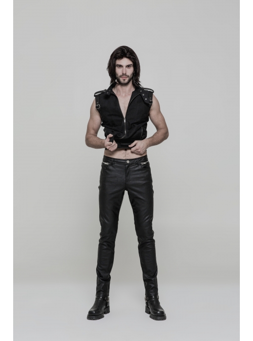 Steam Punk Male Casual Black PU Leather Metal Zipper Pants