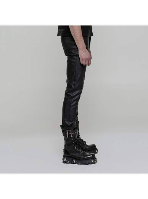 Steam Punk Male Casual Black PU Leather Metal Zipper Pants