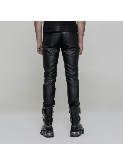 Steam Punk Male Casual Black PU Leather Metal Zipper Pants