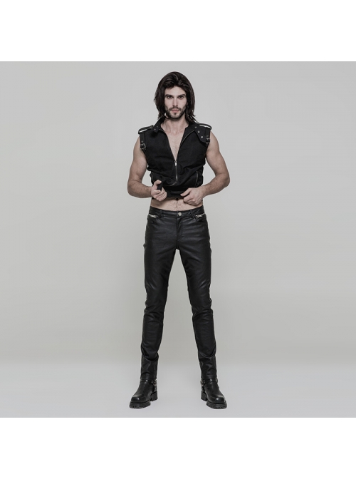 Steam Punk Male Casual Black PU Leather Metal Zipper Pants
