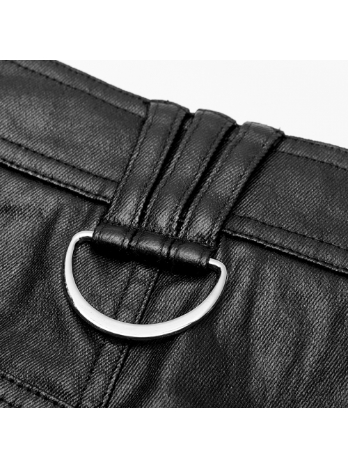 Steam Punk Male Casual Black PU Leather Metal Zipper Pants